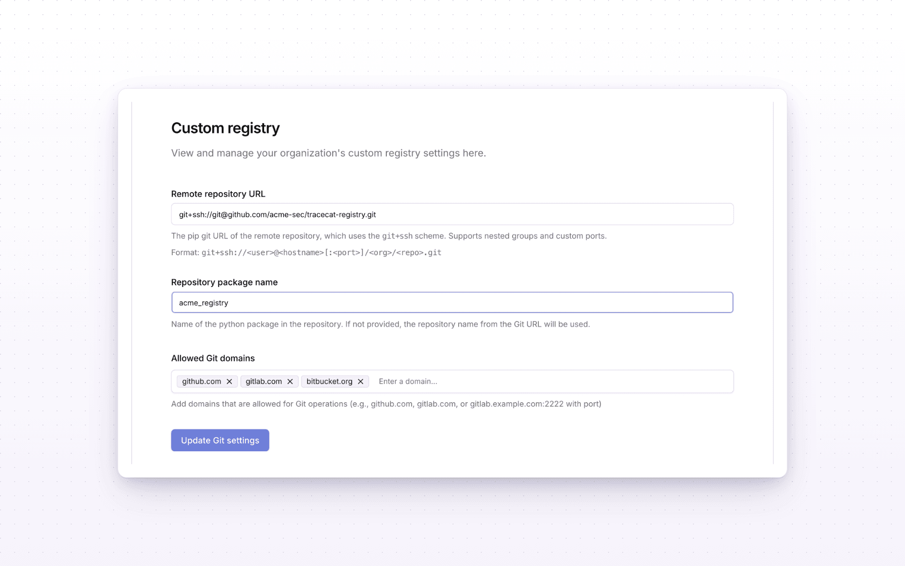 Custom registry repository settings