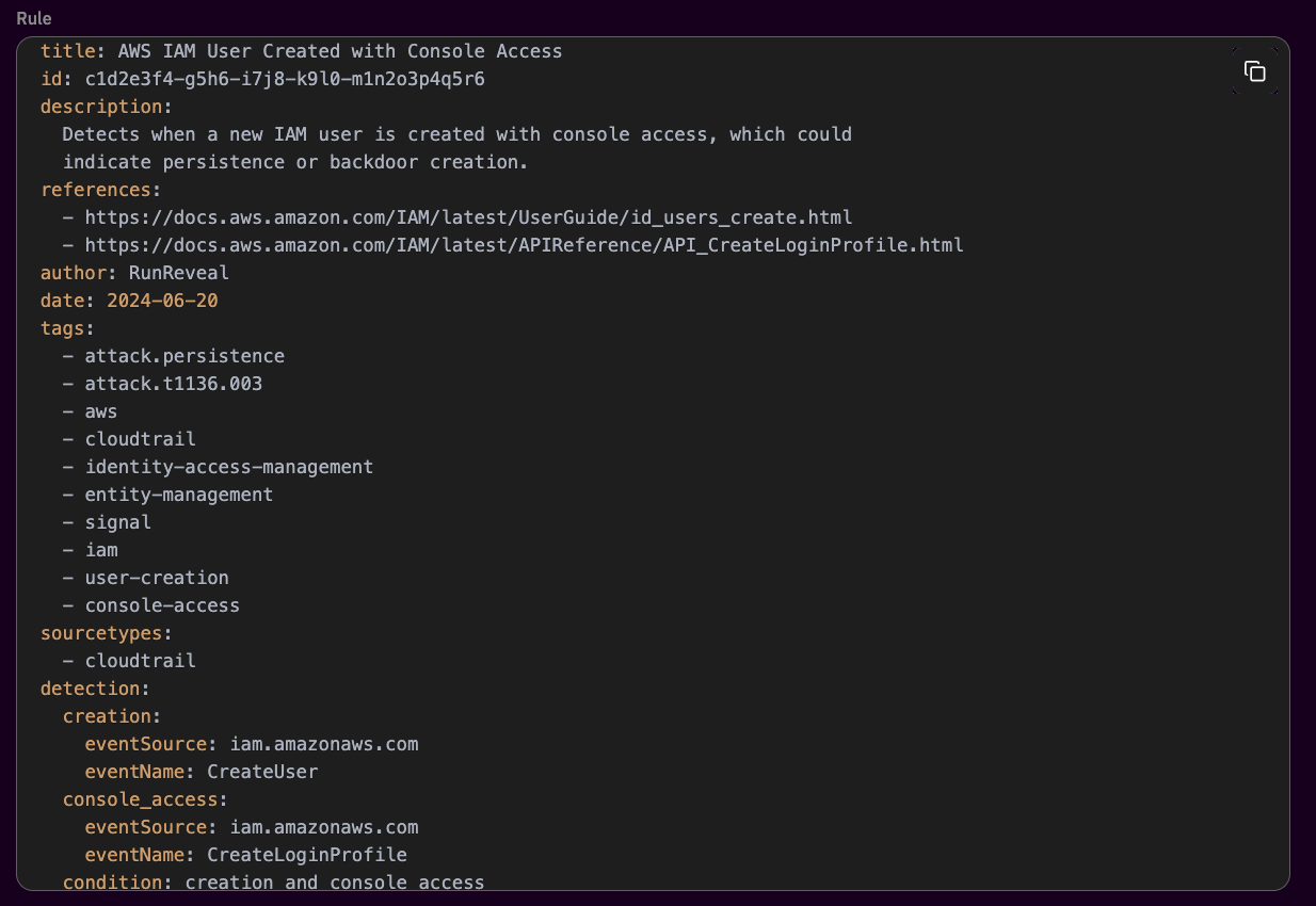The managed AWS IAM User Created with Console Access rule, with separate CreateUser and CreateLoginProfile selections