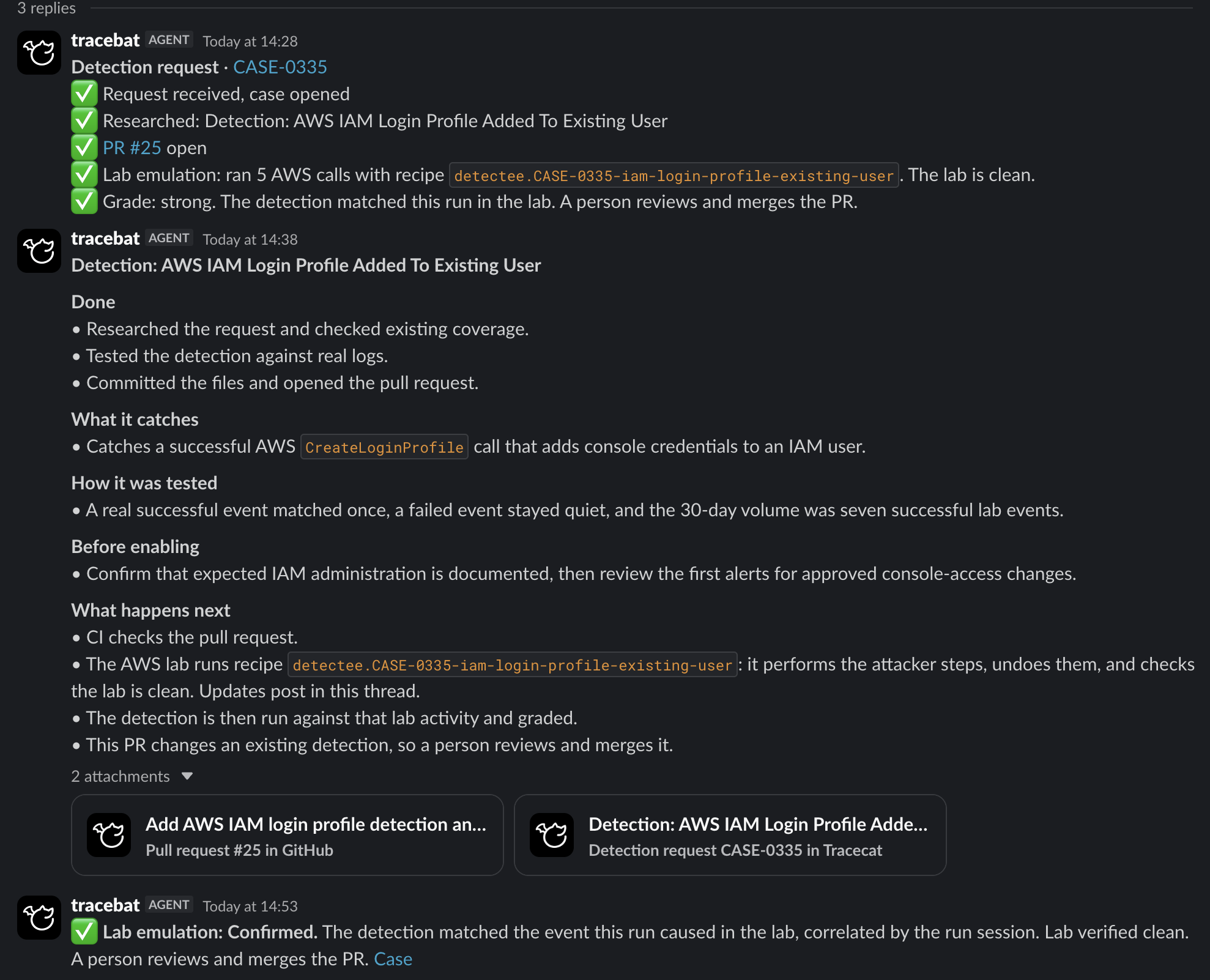 The Tracebat checklist and reply in the Slack thread, with cards for the pull request and the case