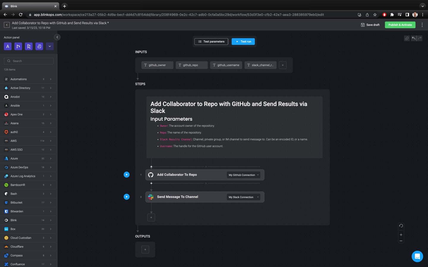 BlinkOps automation builder connecting a GitHub access change to a Slack notification