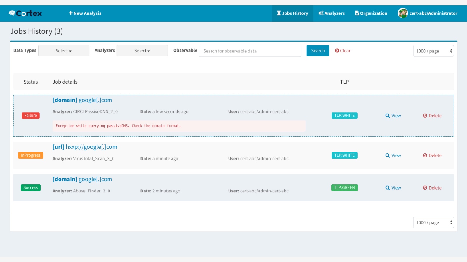 Cortex jobs history showing observable analysis jobs and their status
