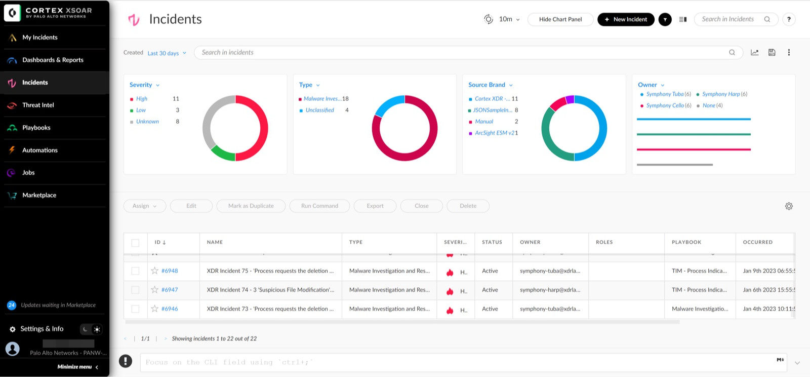 Cortex XSOAR incidents dashboard with severity, source, owner, and playbook views