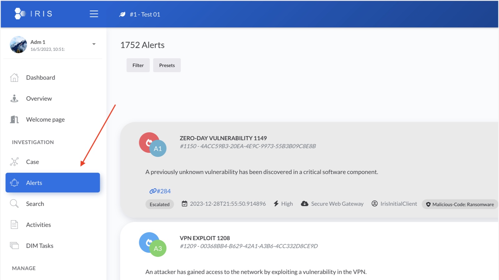 DFIR-IRIS alert queue showing escalated security alerts in an investigation