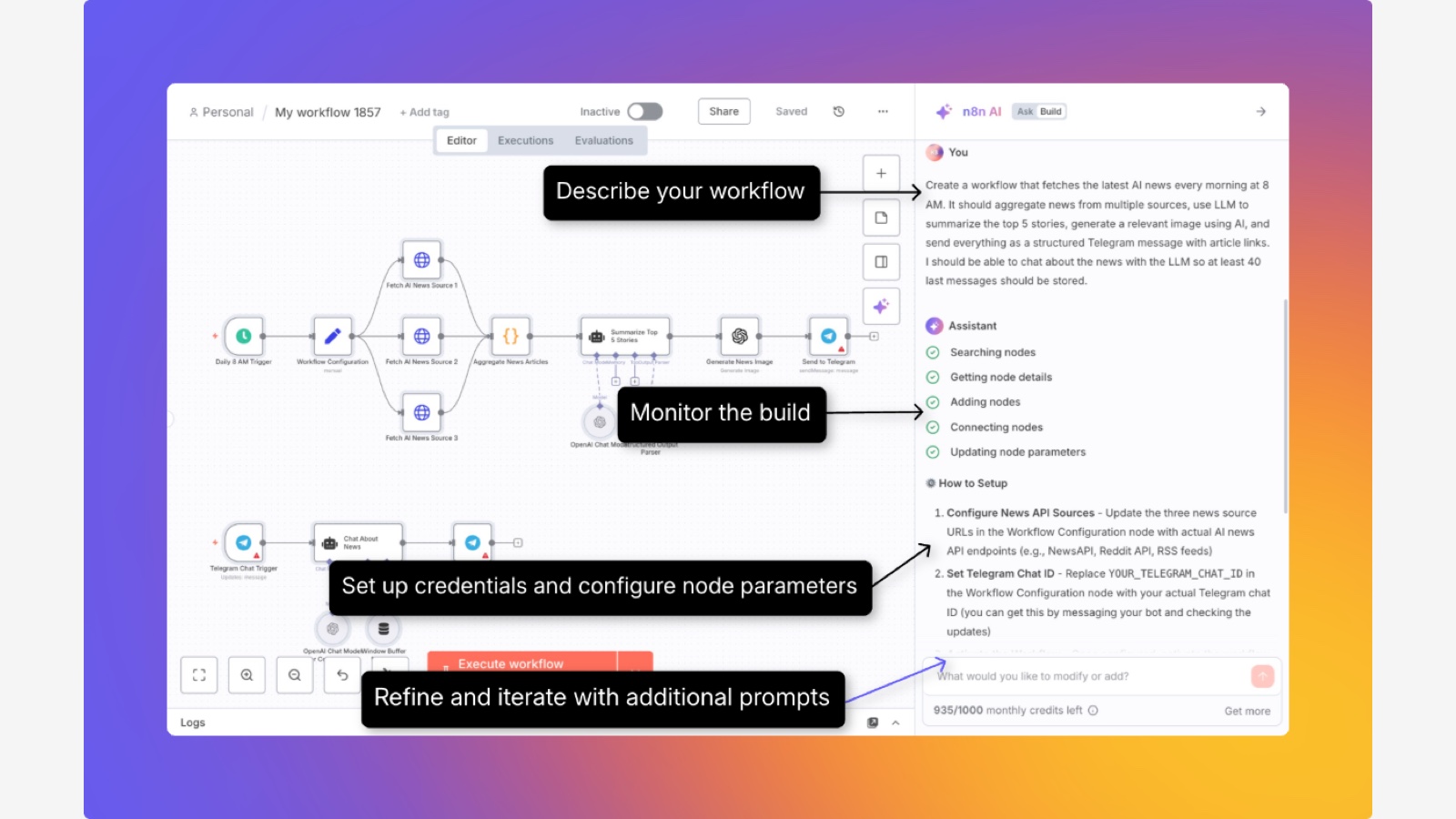 n8n AI workflow builder generating and configuring an automation from a prompt