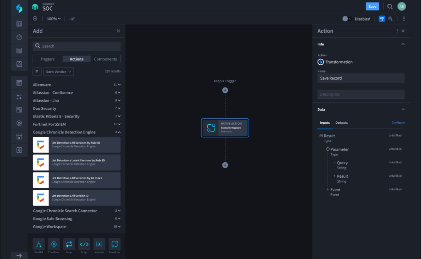 Swimlane low-code playbook builder with actions, integrations, and step configuration