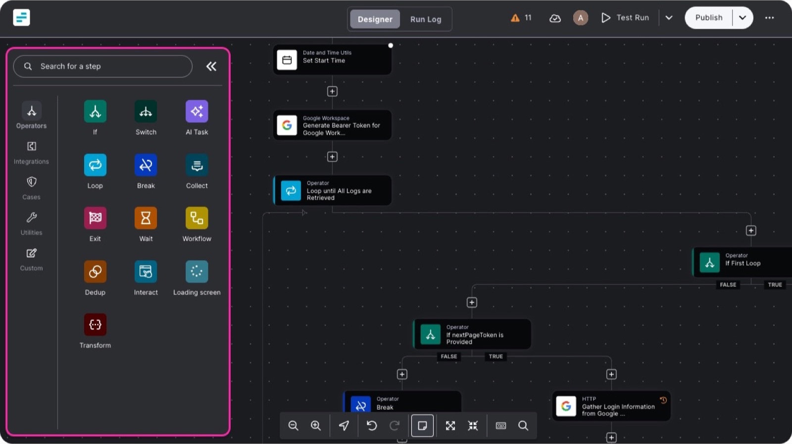 Torq workflow designer with operators, integrations, and branching logic