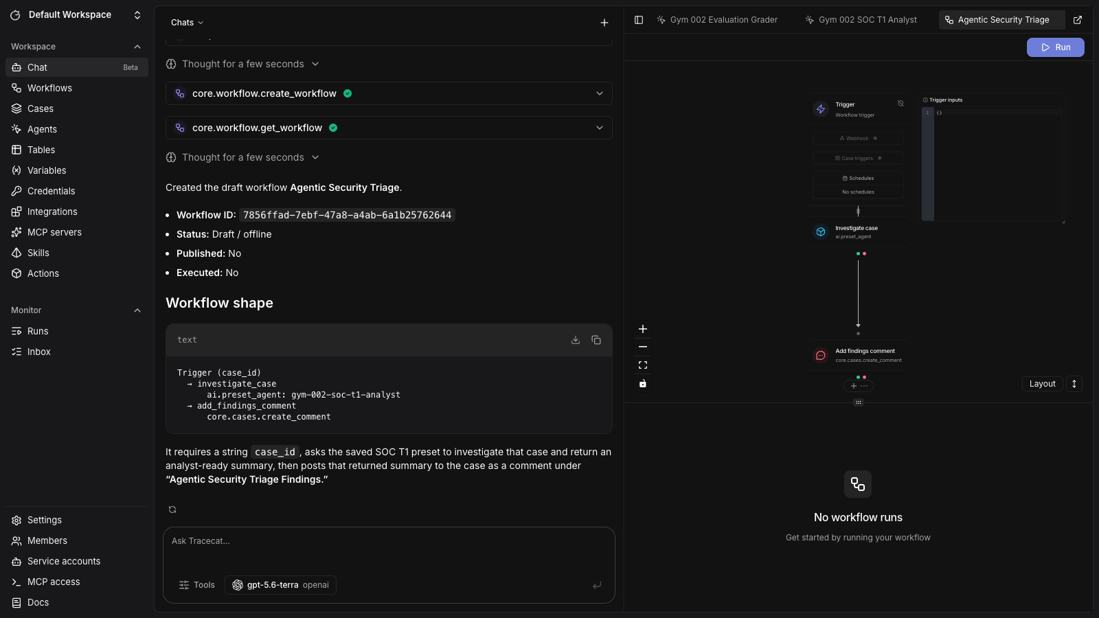 Tracecat agents investigating a case and building an agentic workflow from workspace chat