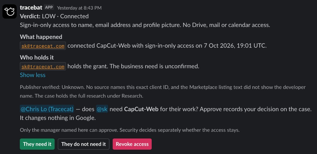 The card asks the named manager whether the person needs the app. Revoke is there for security