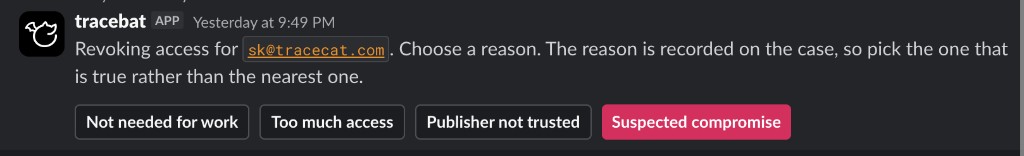 Revoke access posts the four reasons in the thread. Choosing one calls Google