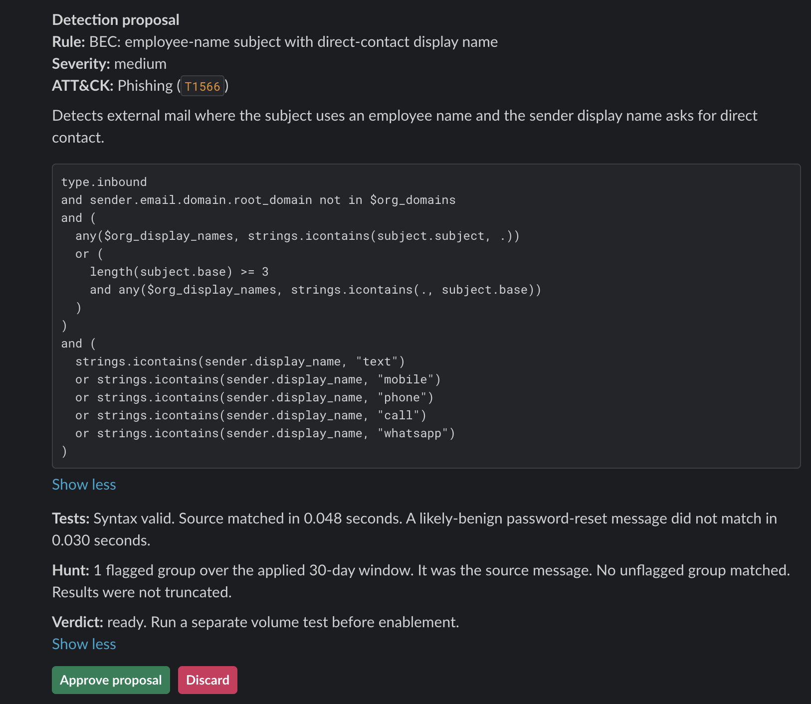 The detection proposal in Slack, with the rule, the tests and the hunt, behind Approve and Discard