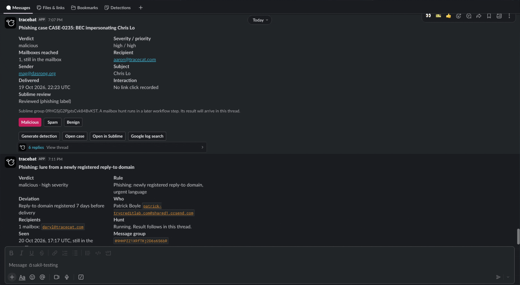 The triage cards in Slack. One case is posted with its verdict, and the next hunt is still running